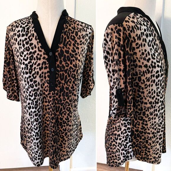 Leopard and Black Henley Blouse - Picture 1 of 2